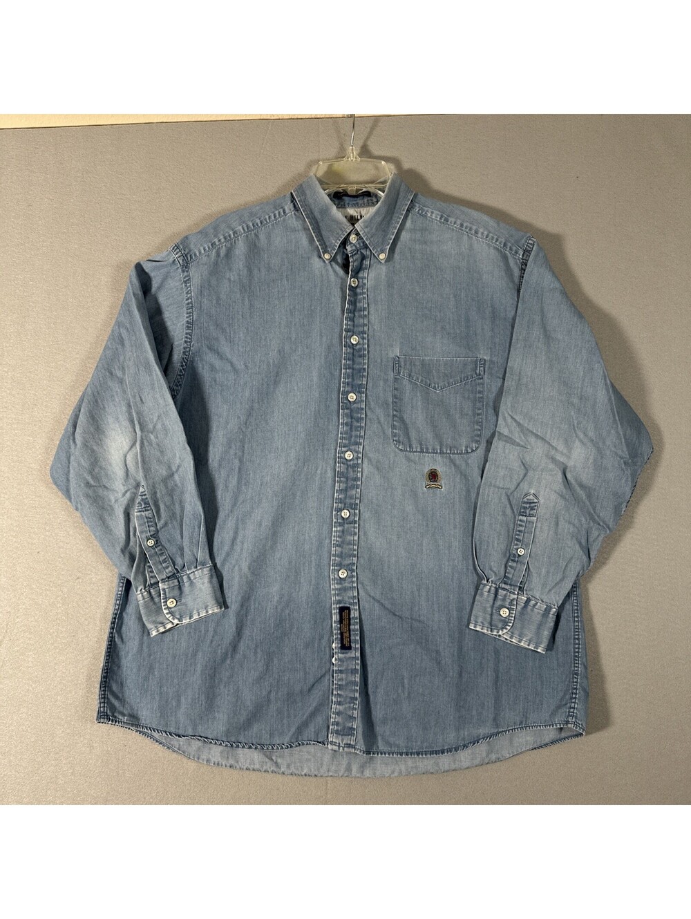 Vintage Tommy Hilfiger Shirt 16.5-34 Blue Denim Long Sleeve Button Up Down Y2K